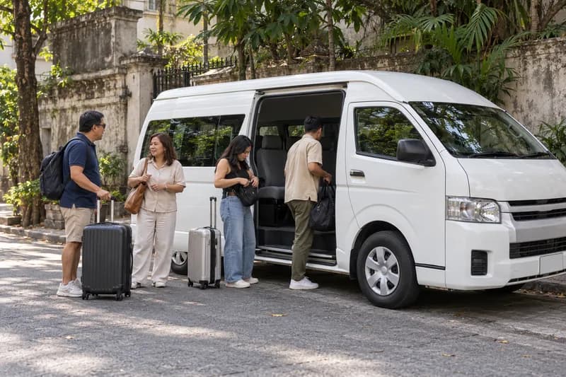 Family preparing to board a white passenger van for a city outing